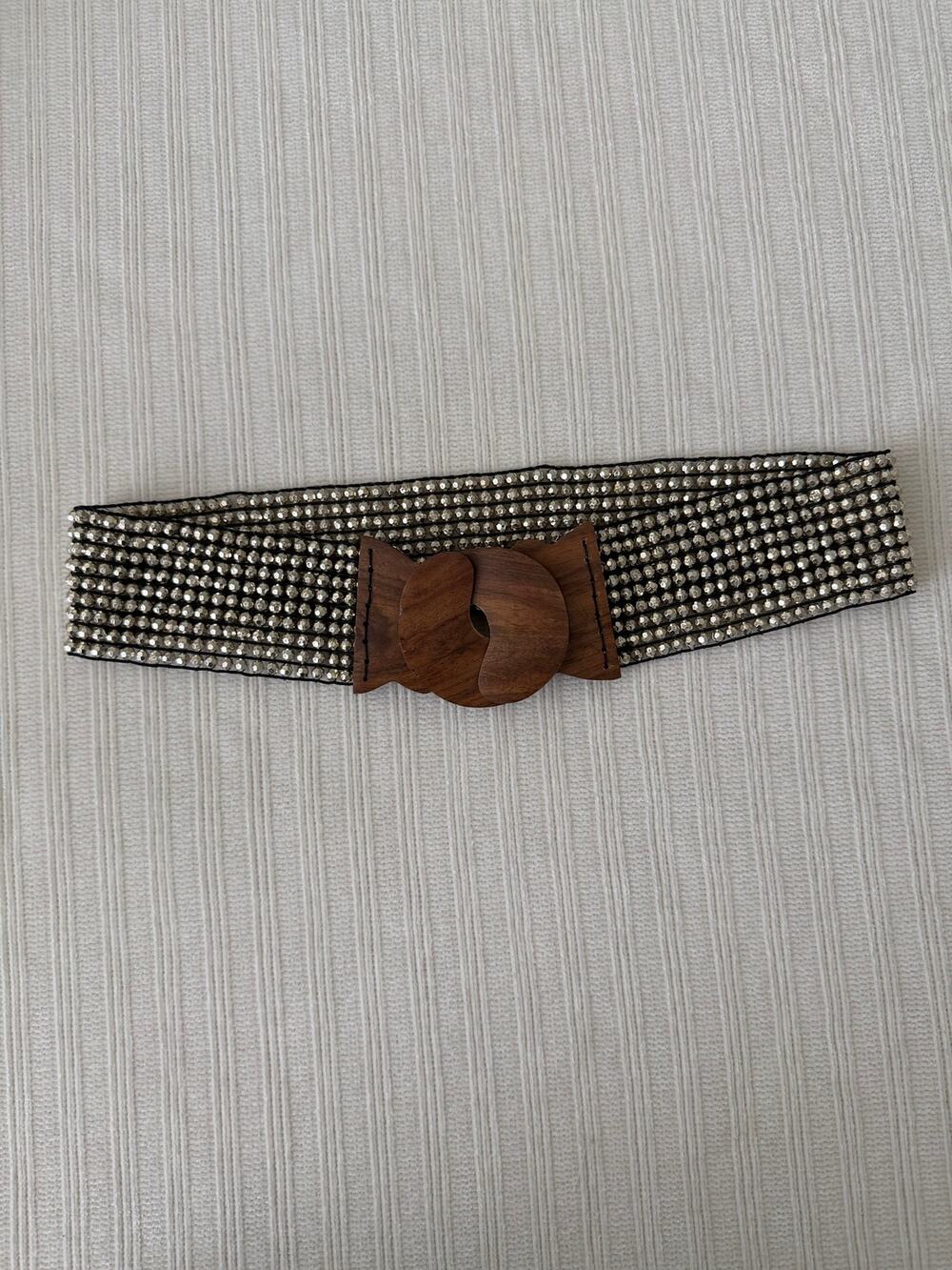 Vintage Boho Metallic Silver Glass Beaded Elastic Stretch Belt Wooden Buckle
